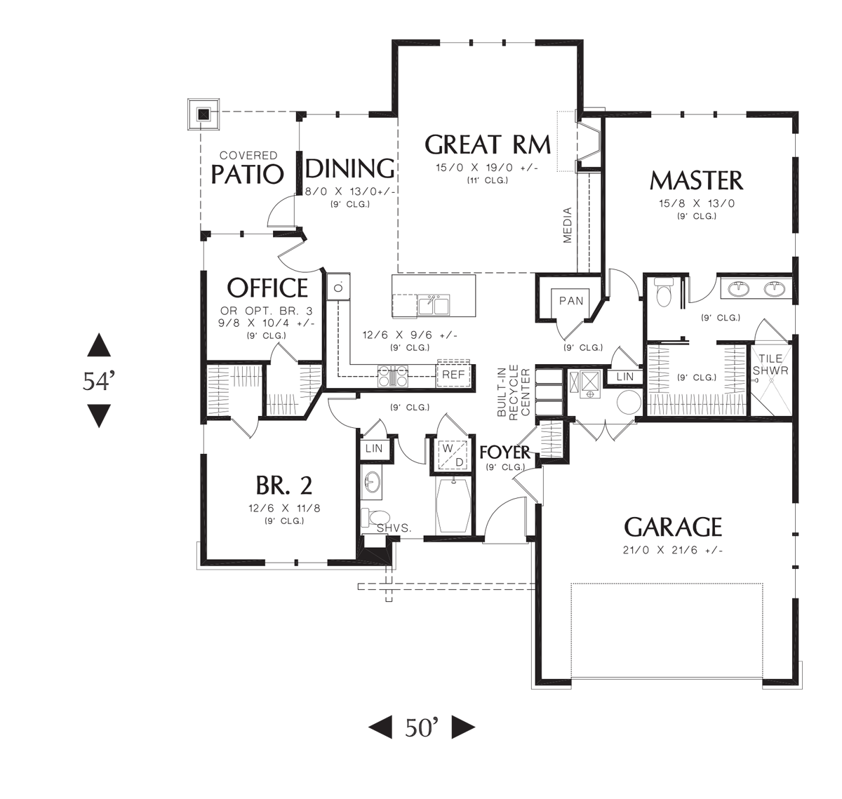 Main Floor Plan for Mascord House Plan 1169A - The Pasadena