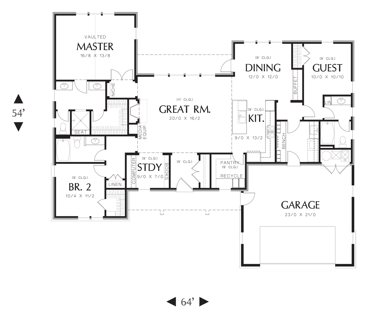 Main Floor Plan for Mascord House Plan 1170 - The Meriwether