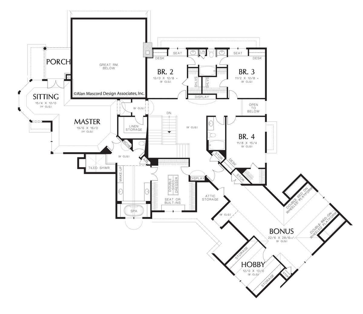 Upper Floor Plan for Mascord House Plan 2449 - The Hallsville